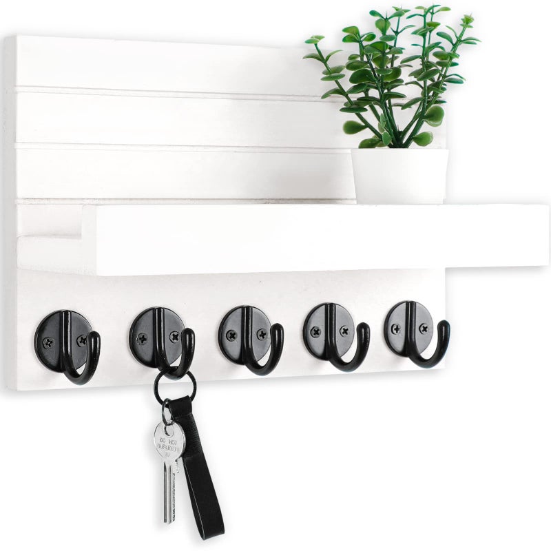 Lwenki Key Holder for Wall, Decorative Key and Mail Holder with Shelf Has Large Key Hooks for Bags, Coats, Umbrella - Paulownia Wood Key Hanger with Mounting Hardware (9.8”W x 6.7”H x 4.2”D) - Image 1